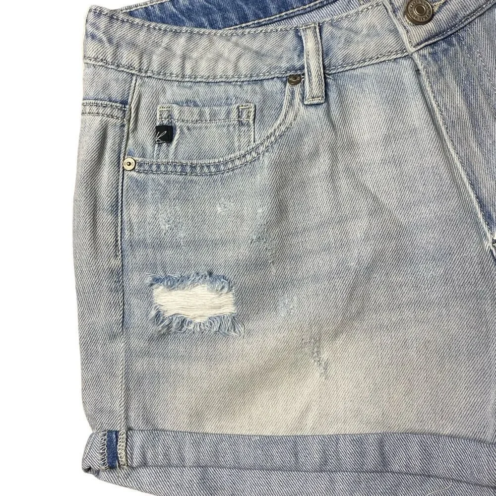 KanCan Wm’s Sz Med Blue Light Wash Distressed High Rise Rolled Cuff Denim Shorts